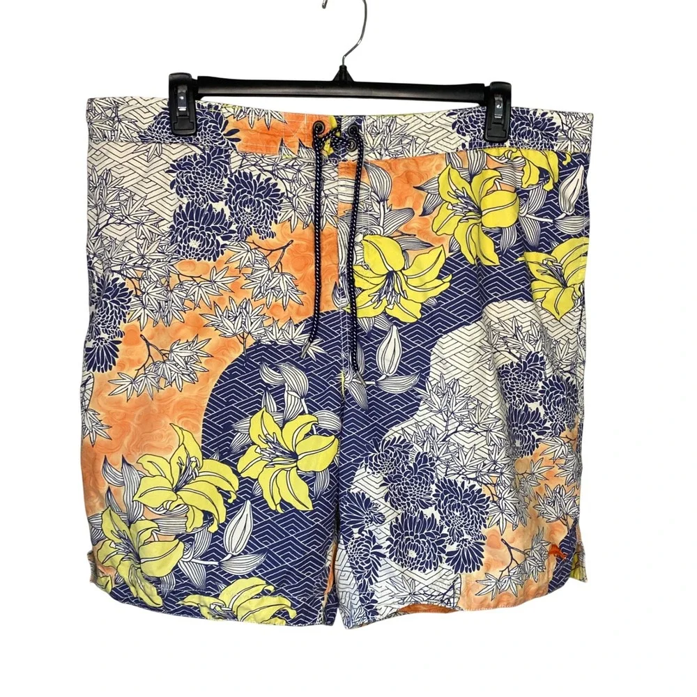 Tommy Bahama Relax Mens XXL Orange Navy Blue Floral Tropical‎ Swim Trunks Shorts
